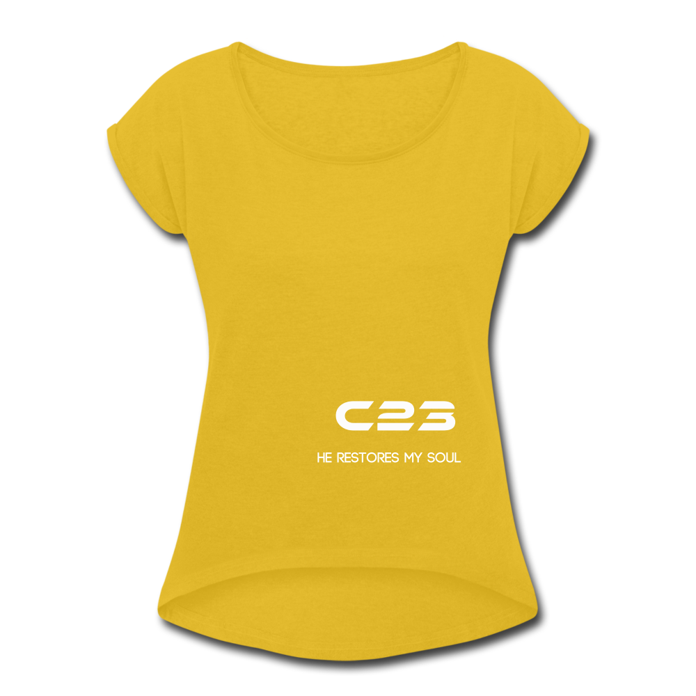 C23 He Restores Women's Tee - mustard yellow