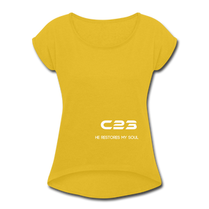 C23 He Restores Women's Tee - mustard yellow